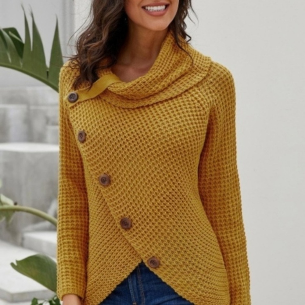 Mustard Button Wrap Turtleneck Sweater - Picture 2 of 3